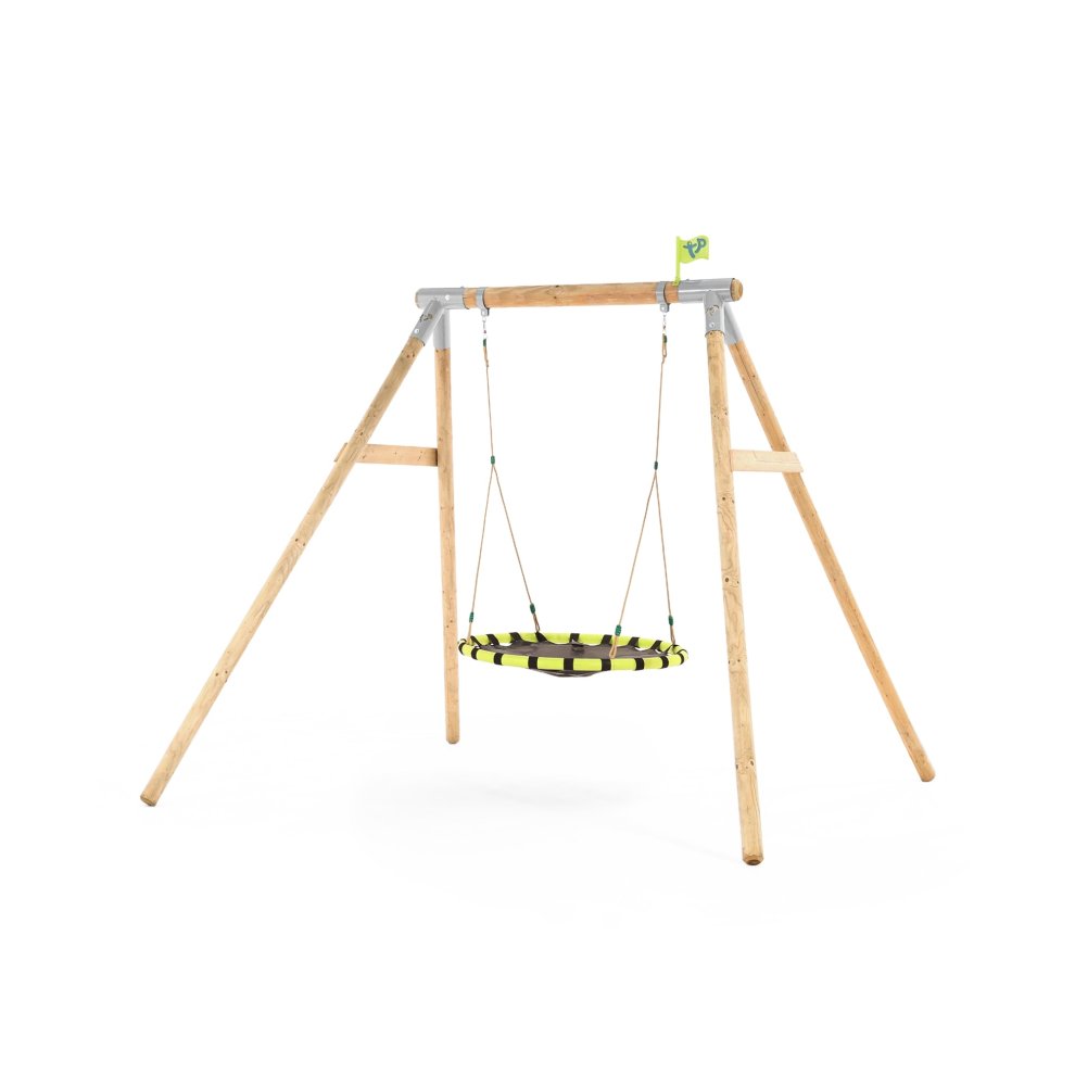 Double wooden swing set featuring a sturdy frame with natural wood finish, a large round nest swing in black and green, and a colorful flag on top.