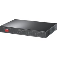 Black TP-Link 10-port Gigabit desktop switch with 6 PoE+ ports, 2 PoE ports, and LED indicators on the front panel.