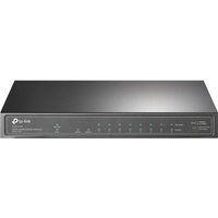 Black TP-Link 10-Port Gigabit Desktop Switch with 8-Port PoE+, sleek design, LED indicators, and metal casing.