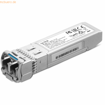 Silver metal transceiver with a compact design, featuring an LC connector and labeled with TP-Link branding, model TL-SM5110-LR, and various certification marks.