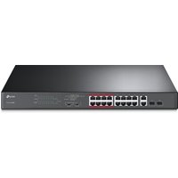 Black TP-Link 16-Port PoE switch with 10/100Mbps ports and 2 Gigabit ports, compact design with LED indicators.