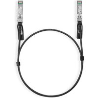 Black TP-Link 1M Direct Attach SFP+ Cable with metal connectors for 10 Gigabit connections.