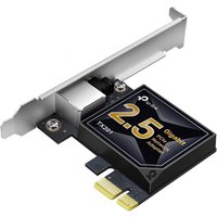 TP-Link 2.5 Gigabit PCIe Network Adapter with silver bracket, black circuit board, and gold PCIe connector.