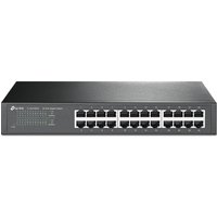 Black TP-Link 24-Port Gigabit network switch with LED indicators and metal casing for desktop or rackmount use.