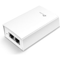 White TP-Link 48V Passive PoE Adapter with two Ethernet ports and sleek rectangular design.