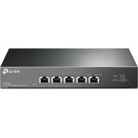 Black TP-Link 5-Port 10G Desktop Switch with metal casing and five Ethernet ports on the front panel.