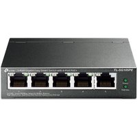 Black TP-Link 5-port Gigabit PoE switch with 4 PoE+ ports, compact metal casing, LED indicators above ports.