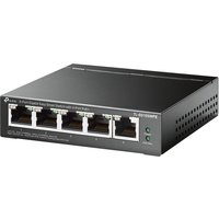 Black TP-Link 5-Port Gigabit Smart Switch with 4-Port PoE+, featuring LED indicators and vented sides.