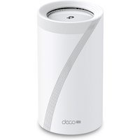 White cylindrical TP-Link 5G BE9300 Mesh Wi-Fi 7 Router with sleek vertical stripe and built-in 5G modem.