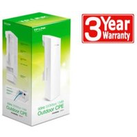TP-Link white outdoor CPE with 13dBi antenna, green and white box, 3-year warranty label.