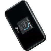 Black TP-Link mobile Wi-Fi device with small screen displaying signal strength and battery status.