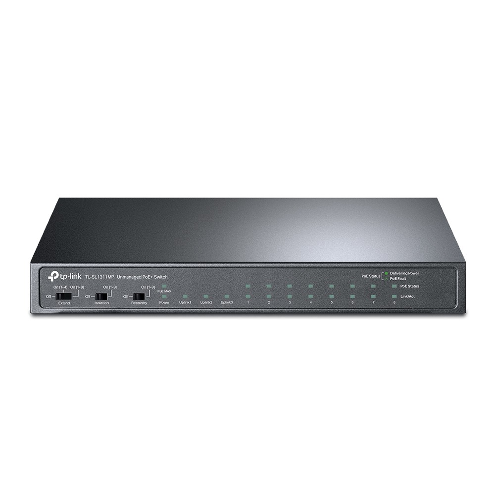 Black desktop switch with 8 10/100Mbps ports and 3 Gigabit ports, featuring LED indicators and a sleek, minimalist design.