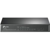 Black TP-Link 8-port desktop PoE switch with LED indicators and four PoE ports on the front panel.