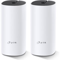 White TP-Link AC1200 Deco mesh Wi-Fi system with cylindrical design and black top vents, set of two units.