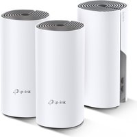 White cylindrical TP-Link AC1200 mesh Wi-Fi system, 3-pack with vented tops and logo on front.