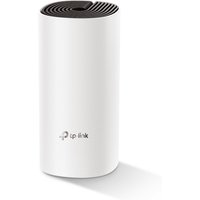 White cylindrical TP-Link AC1200 mesh Wi-Fi system with black vented top and TP-Link logo on the front.