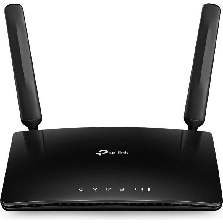 Black TP-Link AC1350 Wi-Fi dual-band router with two adjustable antennas, LED indicator lights, and a sleek, glossy finish.