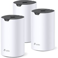 White cylindrical TP-Link AC1900 mesh Wi-Fi system, 3-pack, with black top vents and Deco branding.