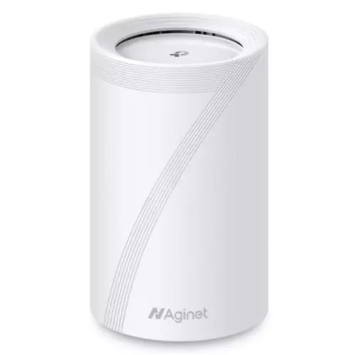 White cylindrical mesh Wi-Fi 7 system with a sleek design, featuring a prominent "7" on the surface, TP-Link logo, and a top circular port for connectivity.