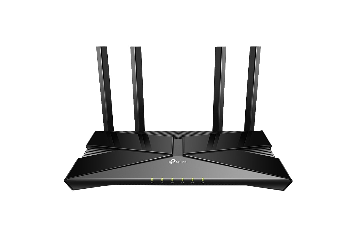 Black TP-Link Archer AX1500 Dual-Band Wi-Fi 6 router featuring a sleek design, four adjustable antennas, and LED indicator lights on the front panel.