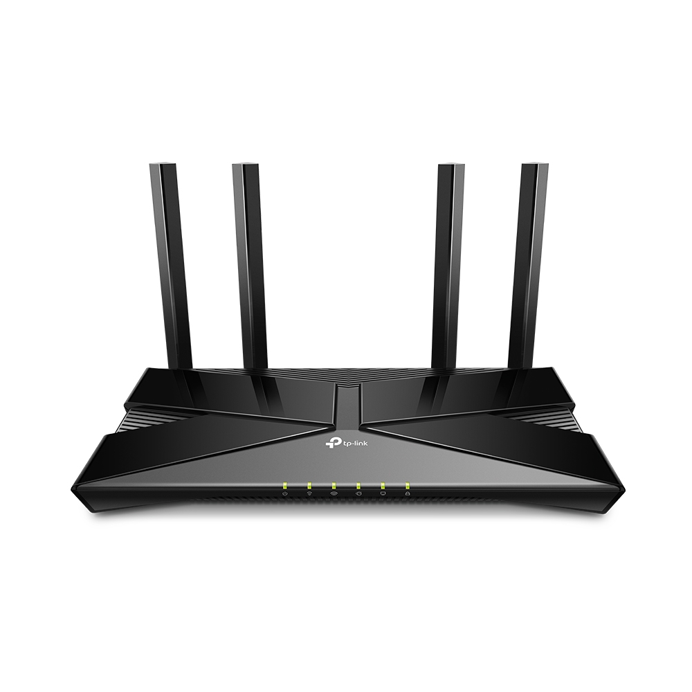 Black TP-Link Archer AX1800 Dual-Band Wi-Fi 6 Router with four adjustable antennas, LED indicator lights, and a sleek, modern design.