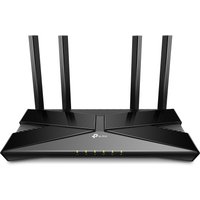 Black TP-Link Archer AX1800 modem router with four antennas and sleek angular design.