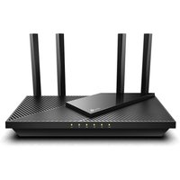 Black TP-Link Archer AX3000 Wi-Fi 6 router with four antennas and LED indicators on the front panel.