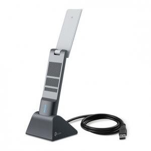 High-gain dual-band WiFi 6 USB adaptor in gray with a sleek design, featuring a flexible antenna, a blue LED indicator, and a black USB cable for connectivity.