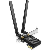 TP-Link Archer AX3000 PCIe adapter with dual black antennas and heat sink, featuring Wi-Fi 6 and Bluetooth 5.2.