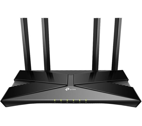 Black TP-Link AX3000 Dual Band WiFi 6 Wireless Router with four antennas, featuring a sleek design and LED indicator lights on the front.