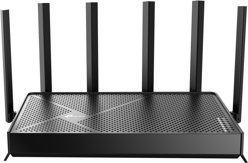 Black TP-Link BE6500 Dual-Band Wi-Fi 7 Router with a sleek design, featuring a perforated top and five adjustable antennas for enhanced signal strength.