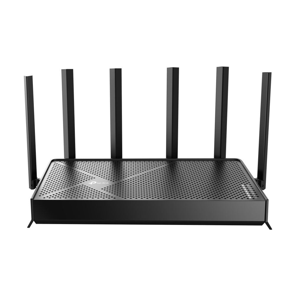 Black TP-Link BE6500 Dual Band WiFi 7 Router featuring a sleek design with a perforated top, five external antennas, and a modern aesthetic.