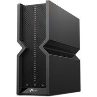 Black TP-Link Archer BE9300 Tri-Band Wi-Fi 7 Router with sleek vertical design and LED indicator lights.