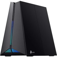 Black TP-Link Archer GXE75 tri-band wireless router with angular design and blue LED accents.