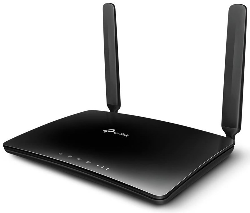 Black TP-Link Archer MR400 wireless router with dual antennas, sleek design, LED indicator lights, and fast Ethernet capabilities for dual-band connectivity.