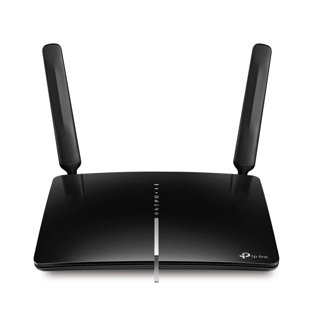 Black TP-Link Archer MR600 V2 wireless router with a sleek design, two adjustable antennas, and a central LED indicator, supporting dual-band 4G connectivity and Gigabit Ethernet.