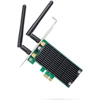 TP-Link Archer T4E WLAN card with dual black antennas and green circuit board with PCIe connector.