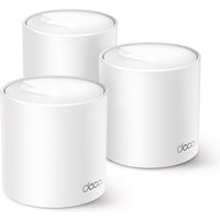 White cylindrical TP-Link AX1500 mesh Wi-Fi 6 system, 3 pack, with deco logo on each unit.