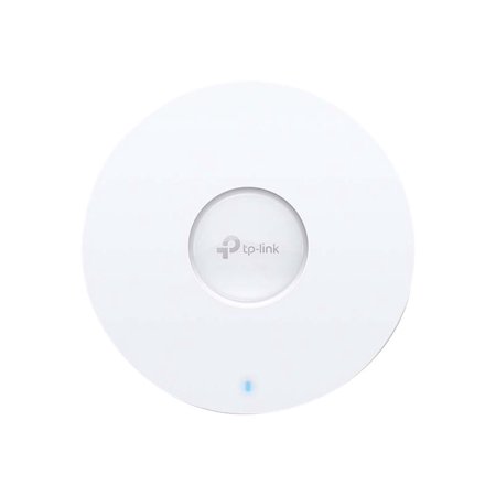 White circular ceiling mount access point with a central TP-Link logo and a blue LED indicator, designed for WiFi 6 connectivity.