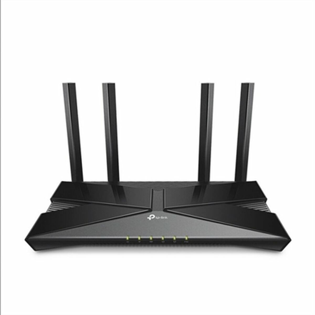 Black TP-Link AX1800 dual-band Wi-Fi 6 router with four antennas, LED indicator lights, and a sleek, angular design suitable for tabletop placement.