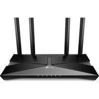 Black TP-Link AX1800 Wi-Fi 6 router with four antennas and sleek angular design.