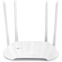 White TP-Link AX1800 Wi-Fi 6 access point with four antennas and sleek curved design.