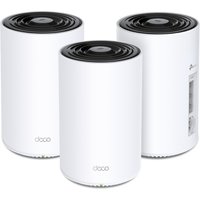 White cylindrical TP-Link AX3000 + G1500 mesh Wi-Fi 6 system with black top vents and subtle logo.
