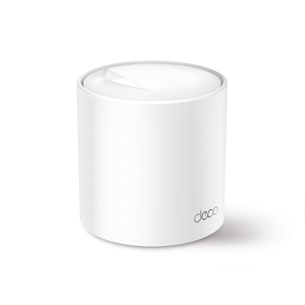 White cylindrical WiFi 6 mesh router with a smooth, glossy finish, featuring a subtle Deco logo and a rounded top design for modern home aesthetics.