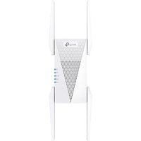 White TP-Link AXE5400 Mesh Wi-Fi 6E range extender with four antennas and LED indicators on the front.