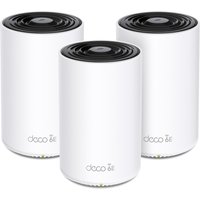 White cylindrical TP-Link AXE5400 mesh Wi-Fi system with black vented tops, set of three units.