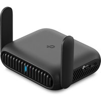Black TP-Link BE3600 Wi-Fi 7 router with dual antennas, vented sides, and 2.5 Gigabit Ethernet ports.