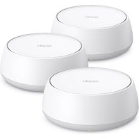 White TP-Link DECO BE22 Wi-Fi 7 router, round design, smooth finish, dual-band 2.4/5 GHz, set of three units.
