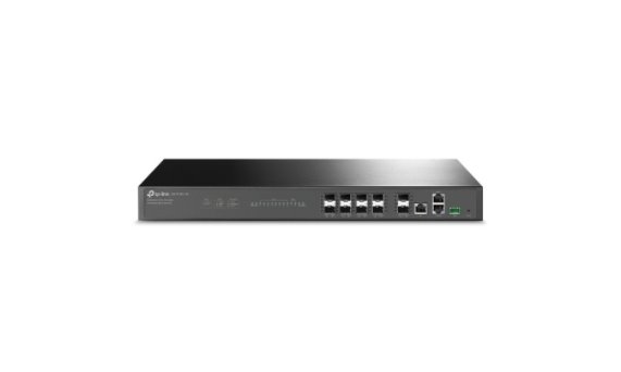Black metal 8-port GPON optical line terminal with a sleek design, featuring multiple Ethernet ports, a power input, and indicator lights on the front panel.