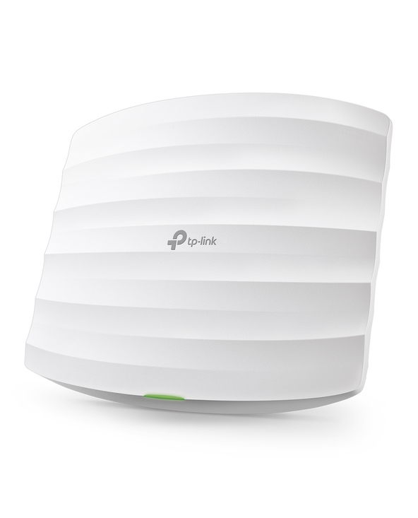 White TP-Link EAP115 wireless access point with a textured, wave-like design, featuring a green LED indicator and Power Over Ethernet (PoE) capability, supporting speeds up to 300 Mbit/s.
